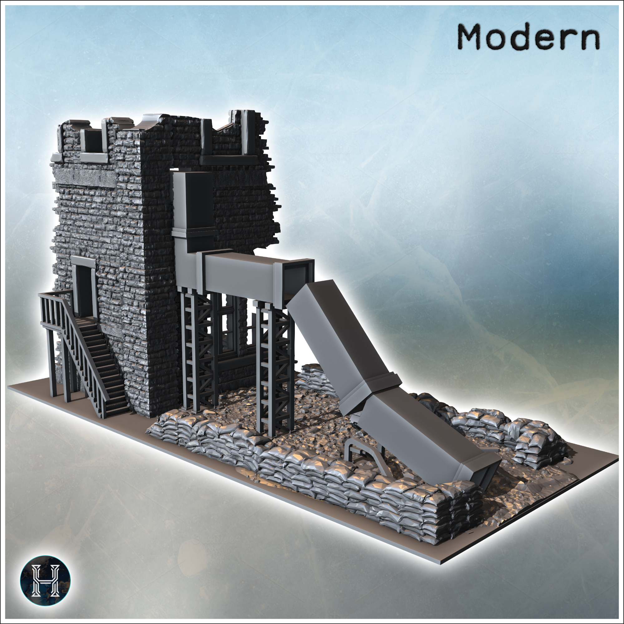 Ruined industrial structure with a large chute and scattered debris (2) - Modern WW2 WW1 World War Diaroma Wargaming RPG Mini Hobby